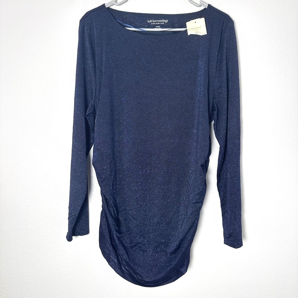Soft Surroundings Size-XL‎ Shimmer Blue Ruched Sides Long Sleeve Pullover Top